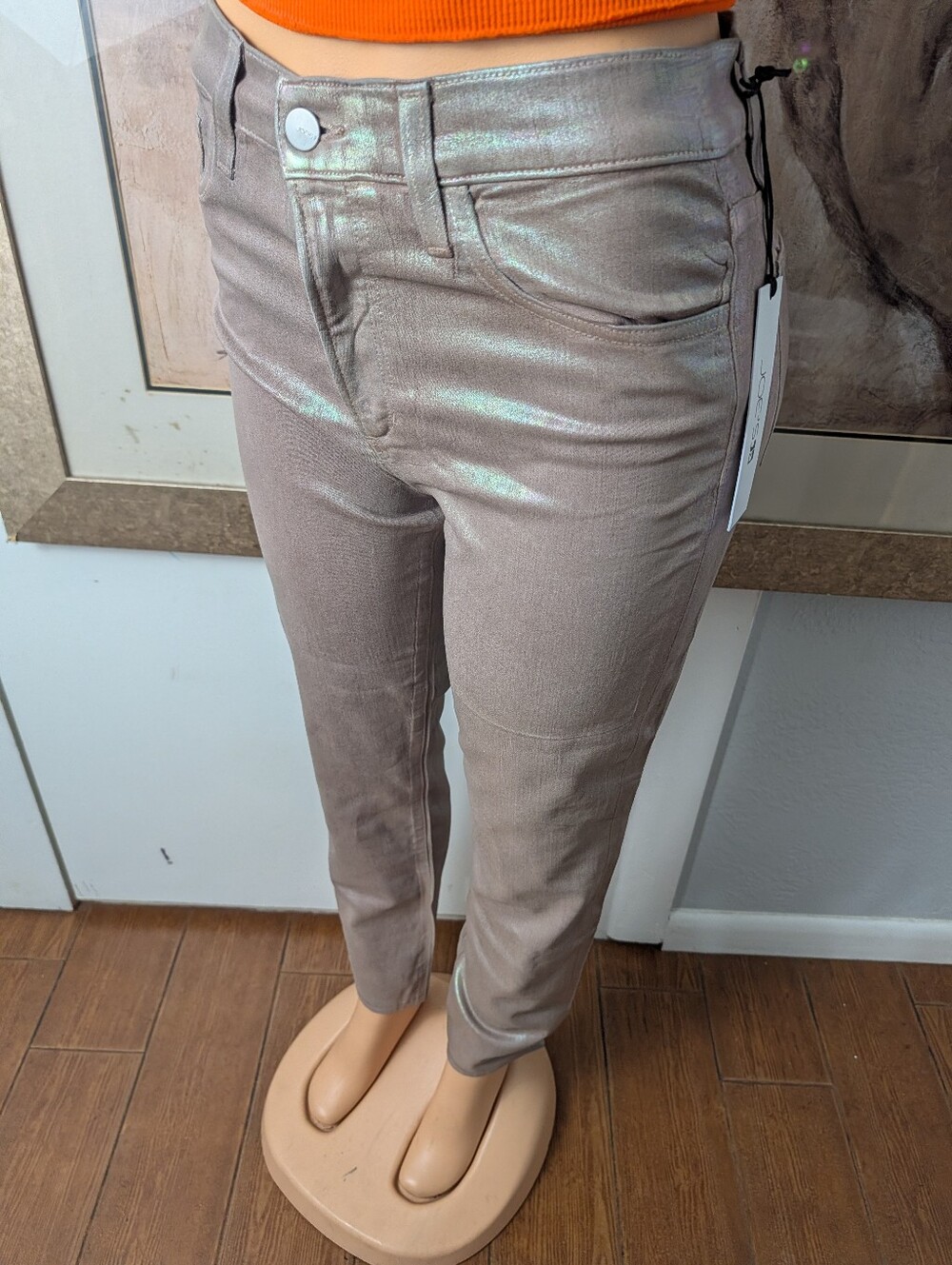 NWT Joe Jeans Luna Metallic Pink Taupe High Rise Tapered Coated Jeans Size 27